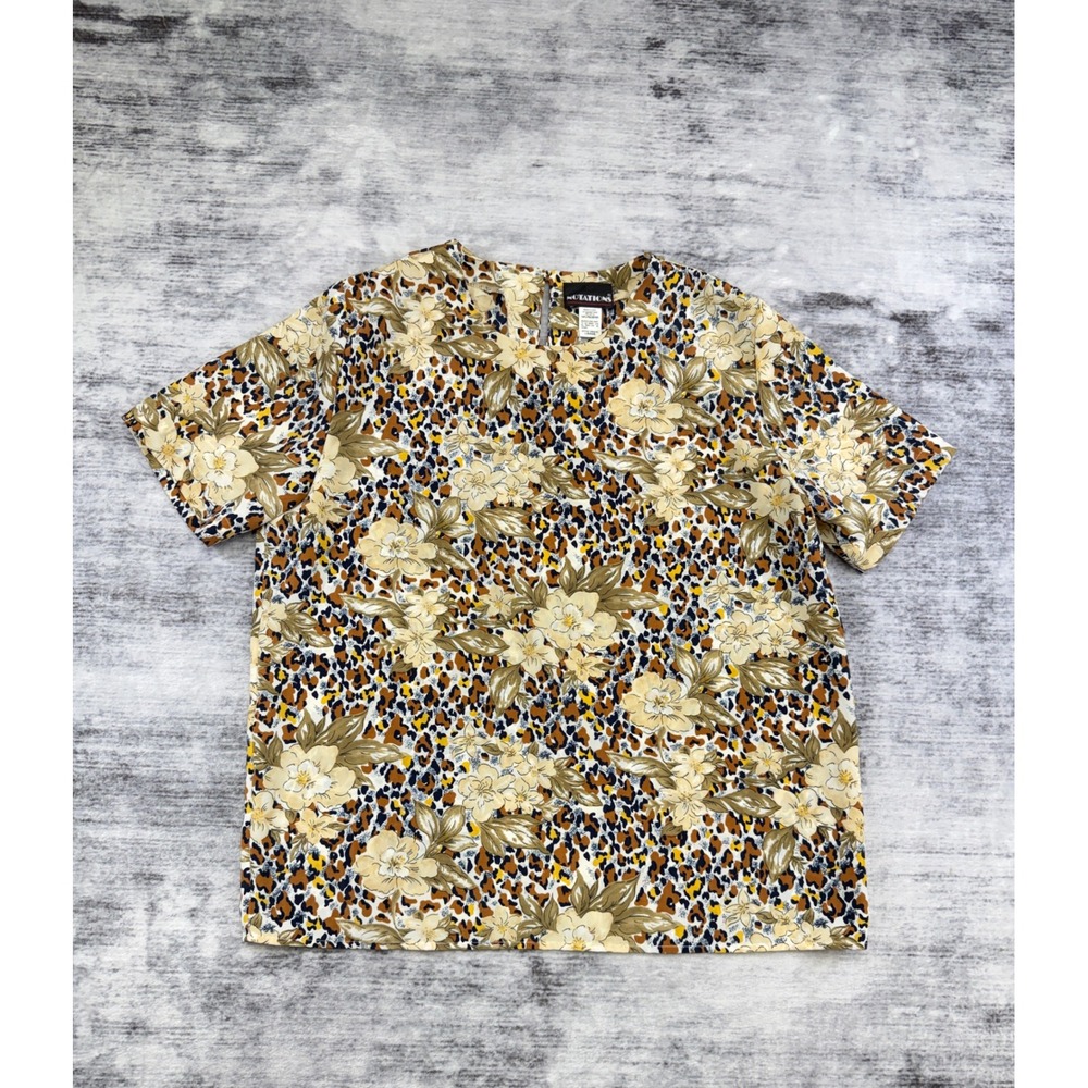 Notations Womens Floral Leopard Print Short Sleeve Blouse Tan Brown Large